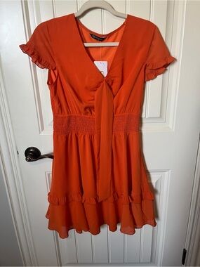 Orange Tie-Front Mini Dress with Ruffle Hem